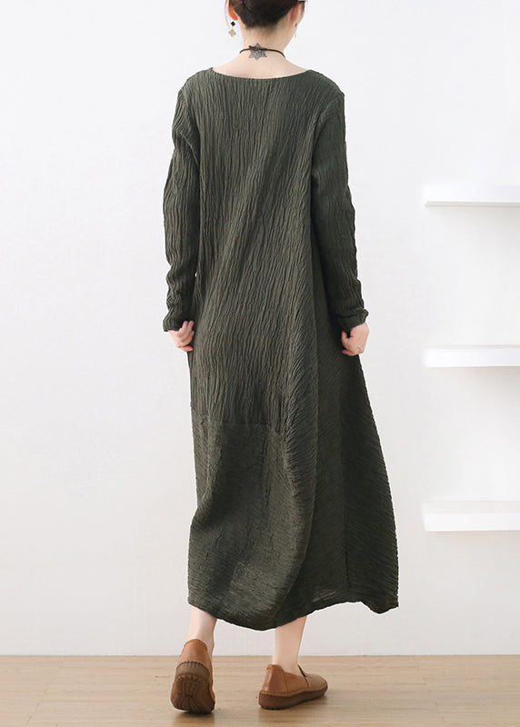 Tailliertes, grünes, asymmetrisches Baumwoll-Maxikleid mit langem Ärmel und O-Ausschnitt