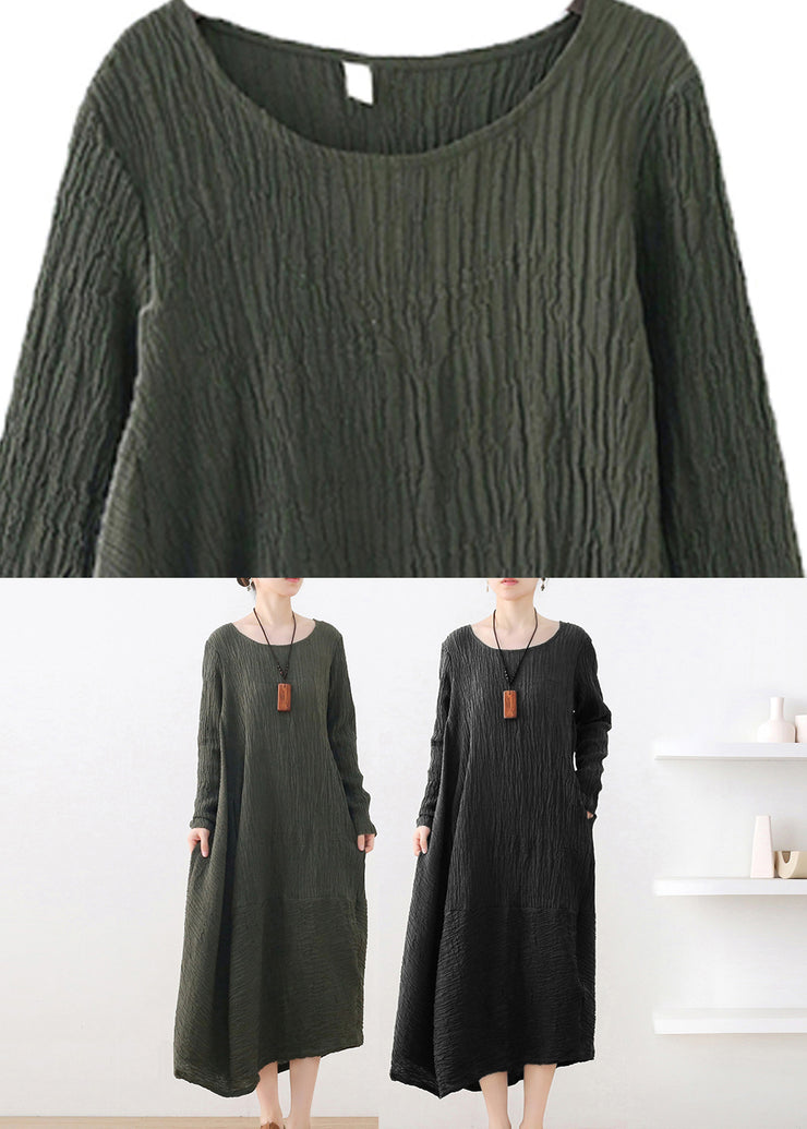 Tailliertes, grünes, asymmetrisches Baumwoll-Maxikleid mit langem Ärmel und O-Ausschnitt