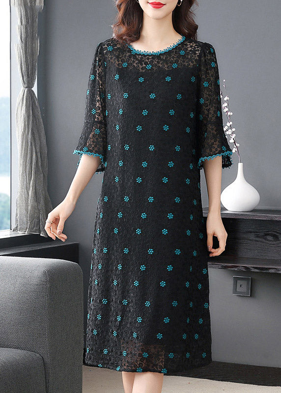 Fitted Green O-Neck Embroidered Silk Dress Half Sleeve