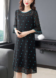 Fitted Green O-Neck Embroidered Silk Dress Half Sleeve