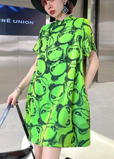 Fitted Green Print Oriental Dress Summer - SooLinen