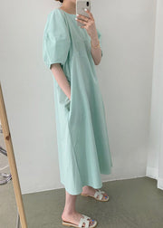 Fitted Green Puff Sleeve Casual Cotton Vacation Dresses Spring