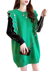 Fitted Green Ruffled Print Cashmere Long Knit Dress Winter