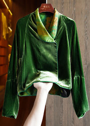 Fitted Green Silk Velour Coats Notched Long Sleeve