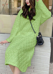 Fitted Green Solid Hooded Fine Cotton Filled Dress Winter