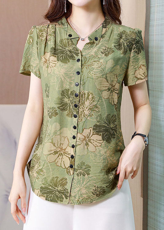 Fitted Green Stand Collar Print Button Silk Blouse Top Summer