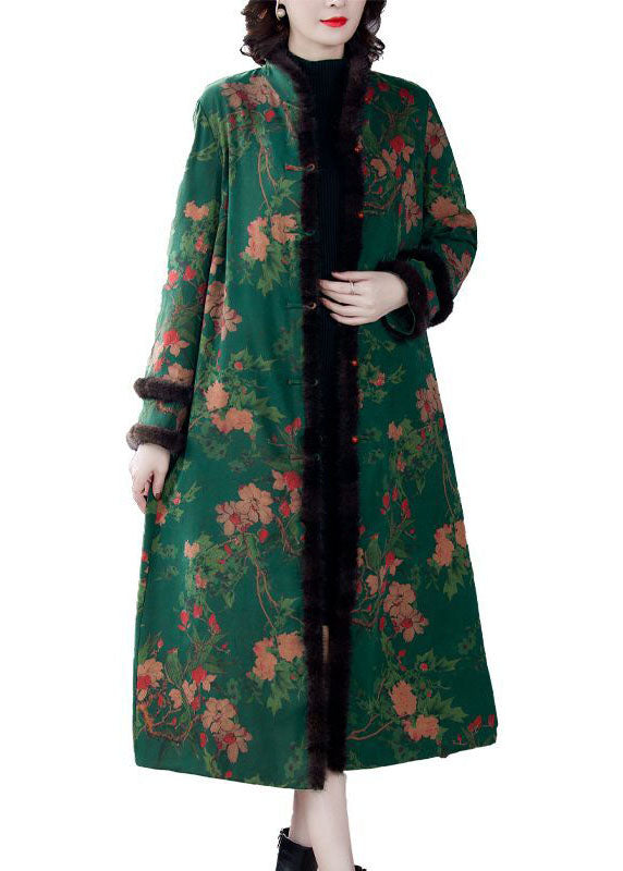 Fitted Green Stand Collar Print Mink Hair Fine Cotton Filled Coats Winter
