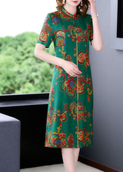 Fitted Green Stand Collar Print Silk Long Dresses Short Sleeve