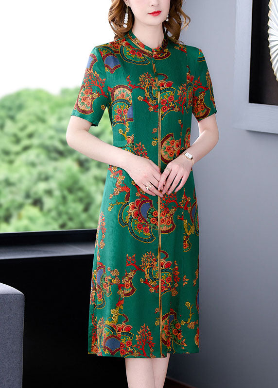 Fitted Green Stand Collar Print Silk Long Dresses Short Sleeve