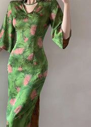 Fitted Green V Neck Print Side Open Silk Maxi Dress Bracelet Sleeve