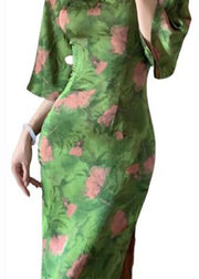 Fitted Green V Neck Print Side Open Silk Maxi Dress Bracelet Sleeve