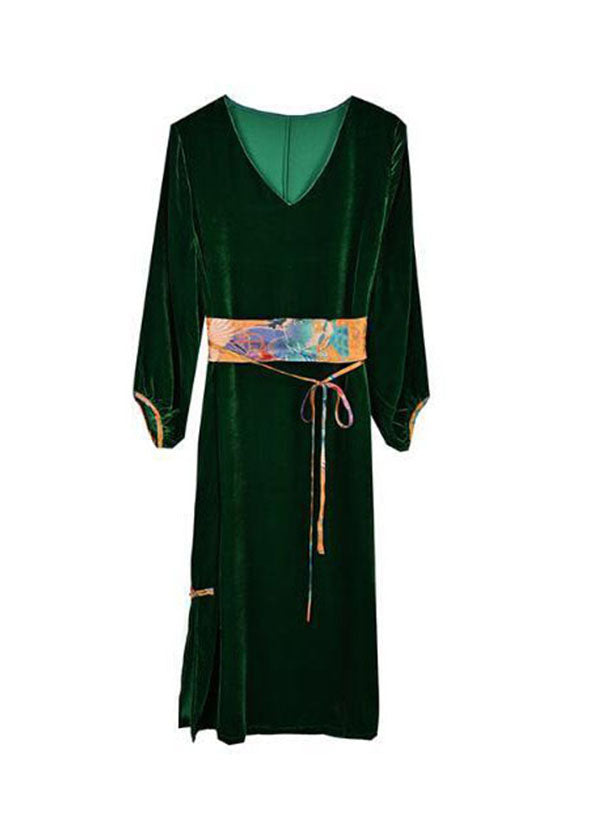 Fitted Green V Neck Side Open Silk Velour Cinch Dresses Fall