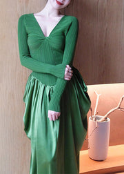 Fitted Green V Neck Wrinkled Knit Patchwork Silk Long Dresses Fall