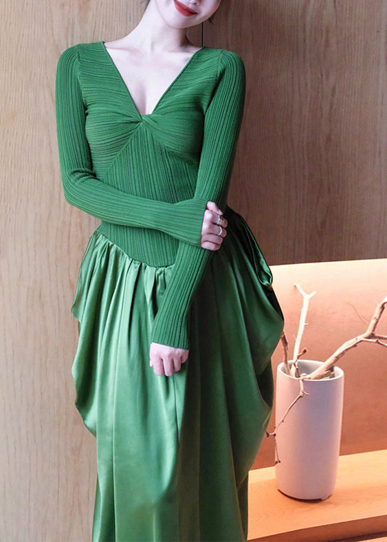 Fitted Green V Neck Wrinkled Knit Patchwork Silk Long Dresses Fall