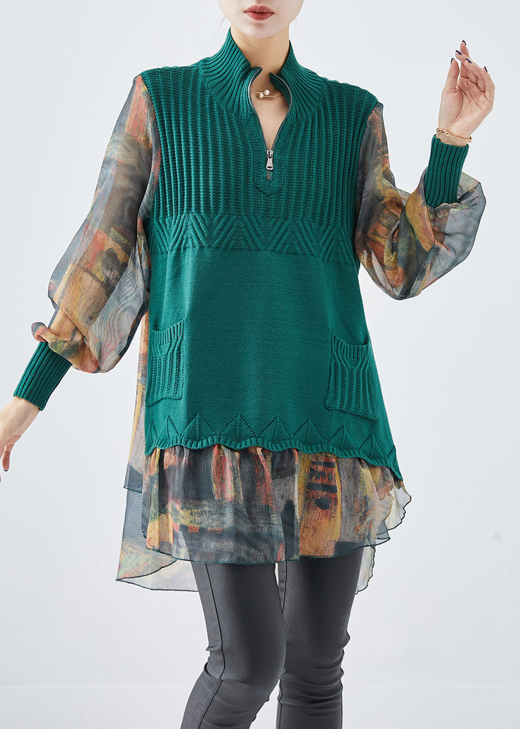 Fitted Green Zip Up Patchwork Knit Tops Fall