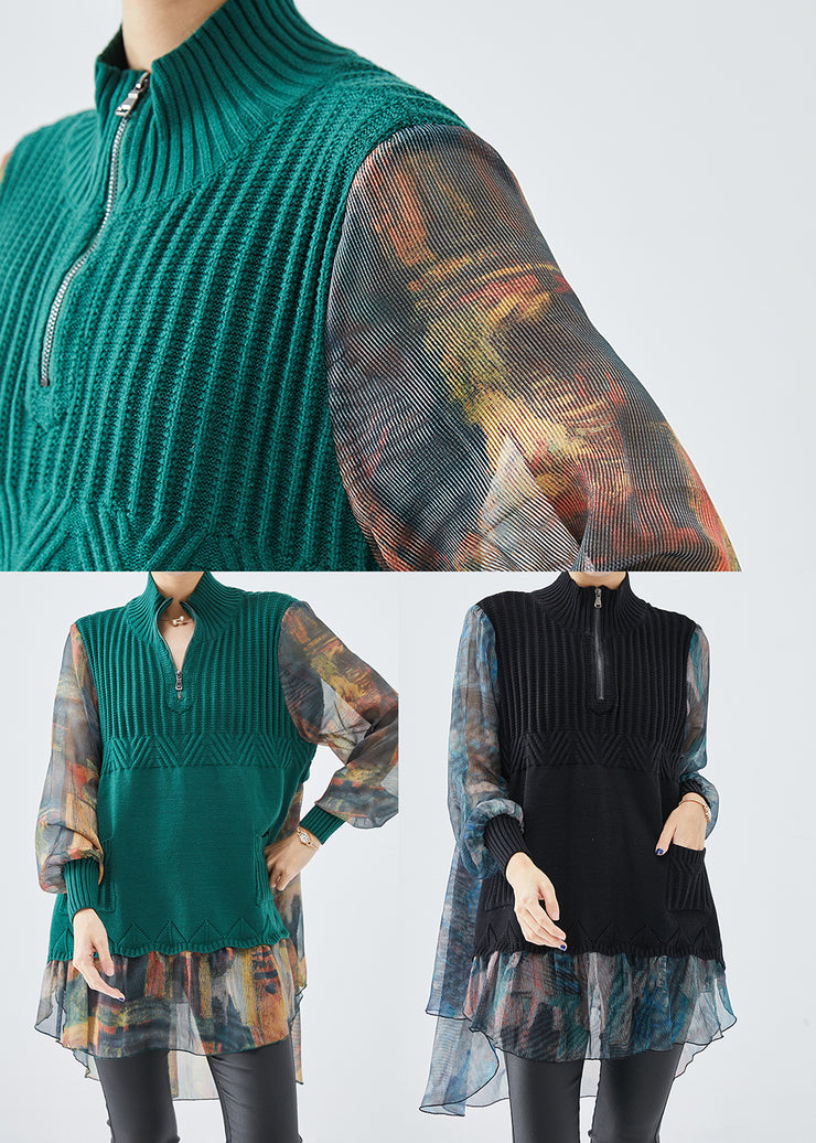 Fitted Green Zip Up Patchwork Knit Tops Fall