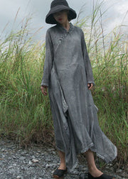 Fitted Grey Button Asymmetrical Cotton Dress Long Sleeve