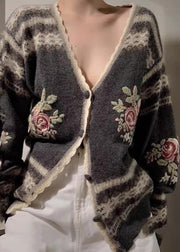 Fitted Grey Embroidered Floral Knit Cardigans Spring