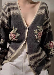 Fitted Grey Embroidered Floral Knit Cardigans Spring