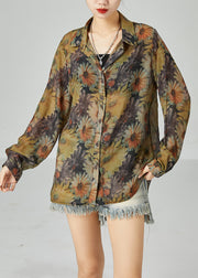 Fitted Khaki Oversized Sunflower Print Cotton Shirt Top Spring