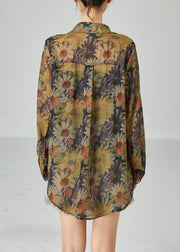 Fitted Khaki Oversized Sunflower Print Cotton Shirt Top Spring