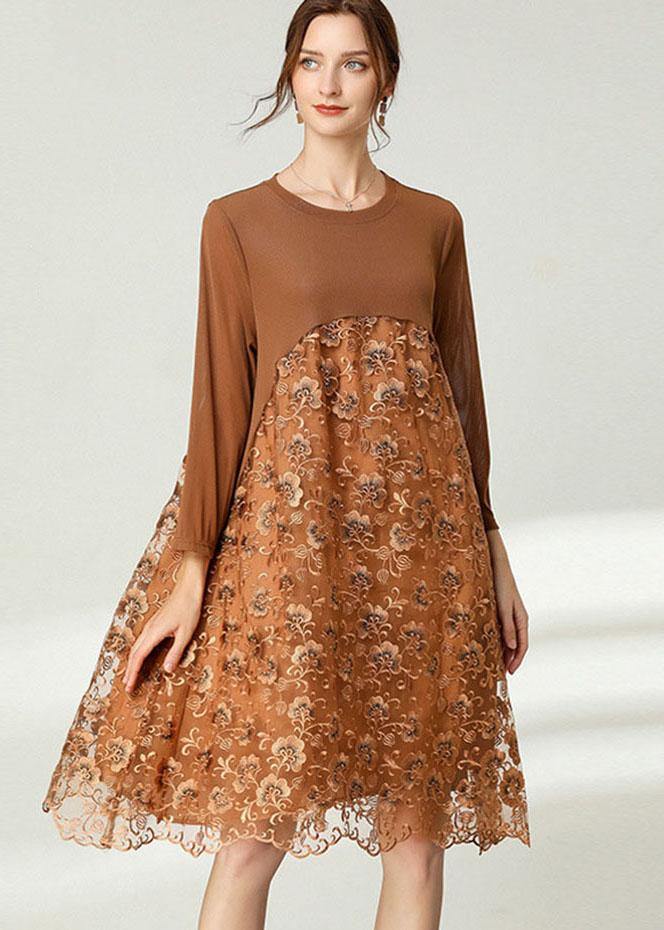 Fitted Khaki Tulle Jacquard Hollow Out Fall Long Sleeve Maxi Dress - SooLinen
