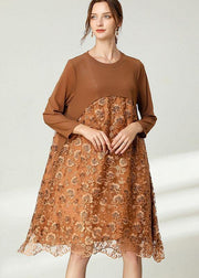 Fitted Khaki Tulle Jacquard Hollow Out Fall Long Sleeve Maxi Dress - SooLinen