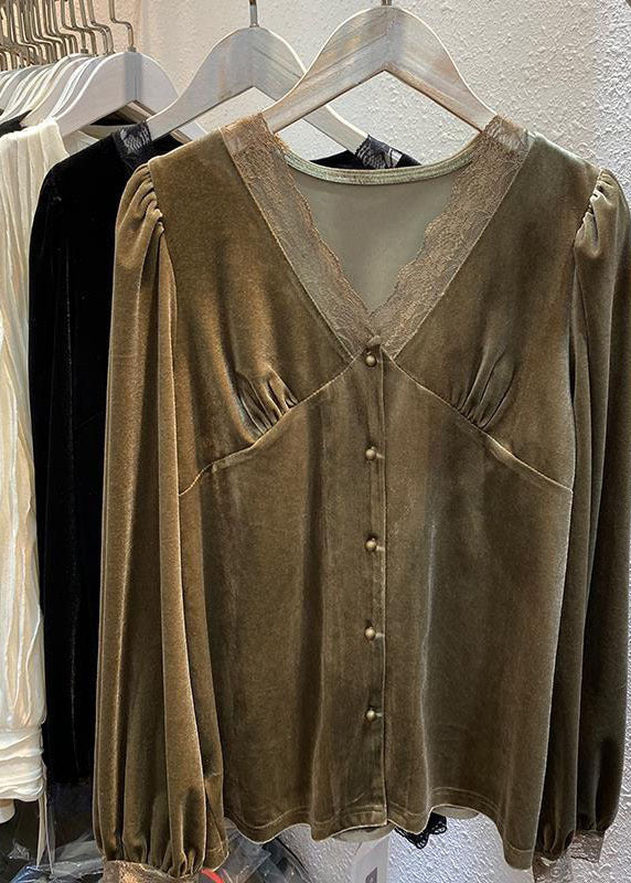 Fitted Khaki V Neck Lace Patchwork Silk Velour Shirt Top Long Sleeve