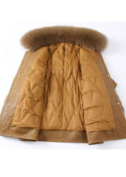 Fitted Khaki Zip Up Fox fur Patchwork Leather Puffer Jacket Winter