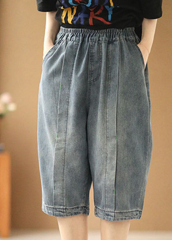 Fitted Light Blue Elastic Waist Pockets Patchwork Cotton Denim Shorts Summer