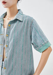 Fitted Light Blue Peter Pan Collar Striped Denim Long Shirt Short Sleeve
