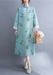 Fitted Light Green Mandarin Collar Print Lace Patchwork Cheongsam Dresses Long Sleeve