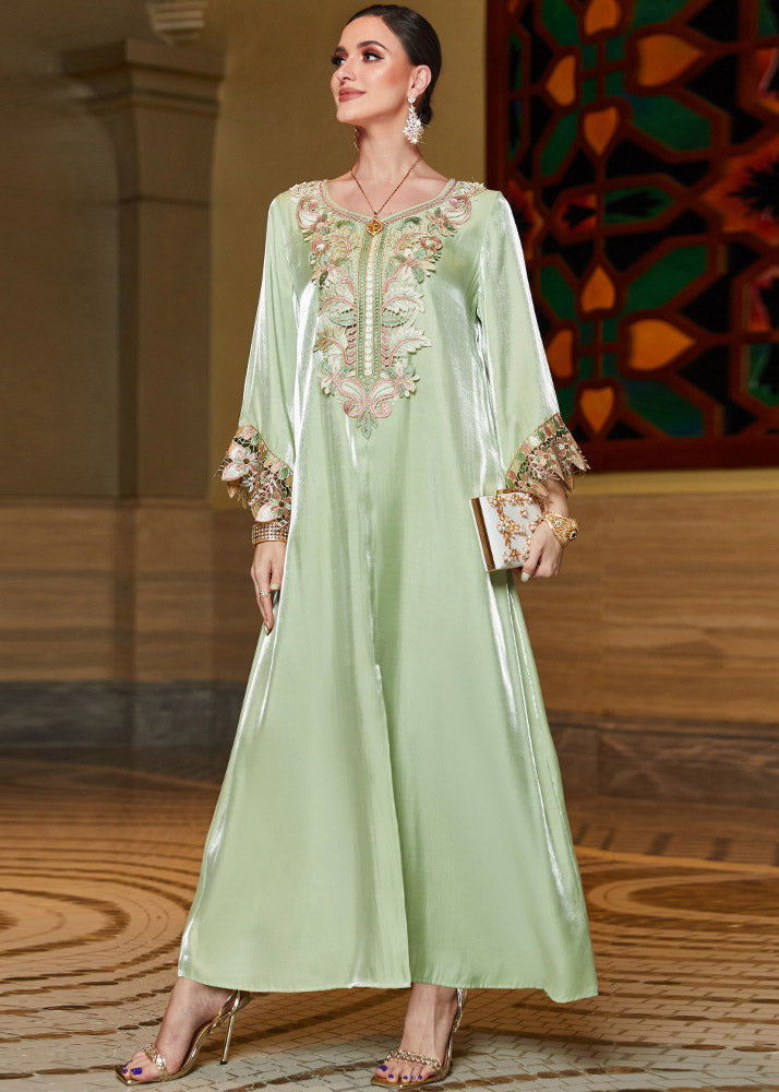 Fitted Light Green O-Neck Embroidered Lace Patchwork Silk Long Dress Fall