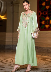 Fitted Light Green O-Neck Embroidered Lace Patchwork Silk Long Dress Fall