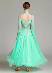 Fitted Light Green Zircon Tulle Patchwork Dance Dress Long Sleeve