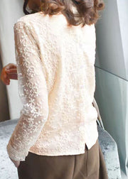 Fitted Milky White zippered Turtle Neck lace Tops Spring
