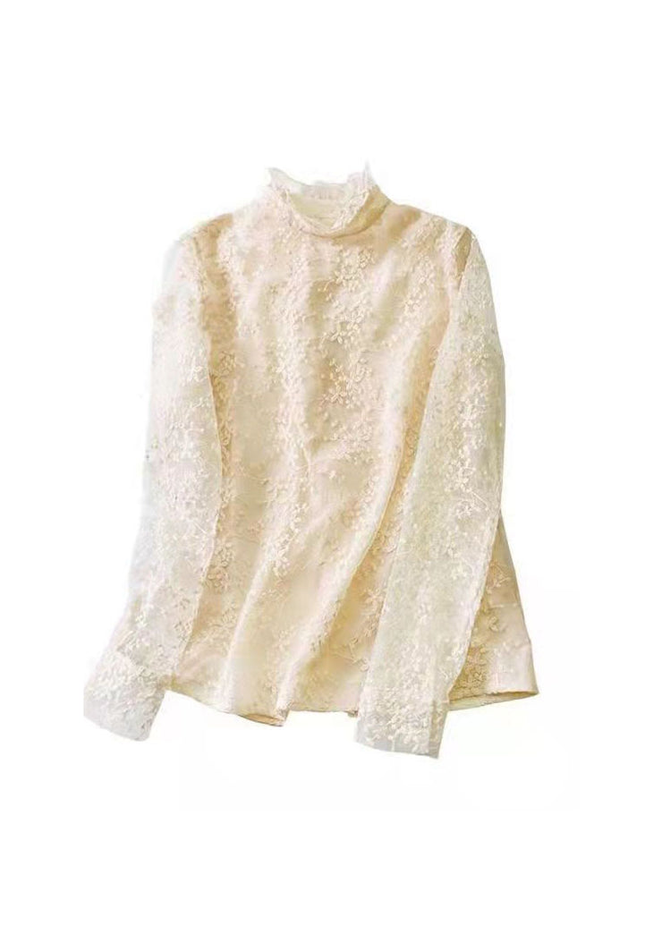 Fitted Milky White zippered Turtle Neck lace Tops Spring