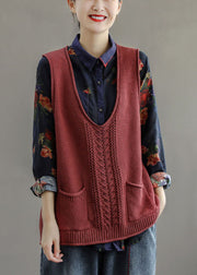 Fitted Mulberry V Neck Hollow Out Pockets Fall Knit Sleeveless Waistcoat