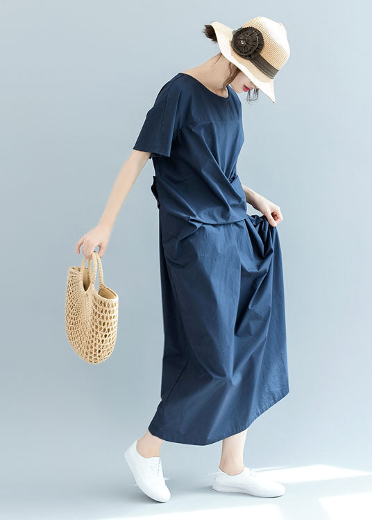 Fitted Navy Cinched wrinkled Cotton Dress Short Sleeve