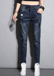 Eng anliegende, marineblaue, elastische Taille mit Kordelzug, Taschen mit Reißverschluss, schmeichelnde Baumwoll-Jeans, Frühling