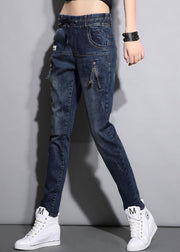 Eng anliegende, marineblaue, elastische Taille mit Kordelzug, Taschen mit Reißverschluss, schmeichelnde Baumwoll-Jeans, Frühling