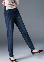 Fitted Navy High Waist Pockets Solid Color Cotton Denim Pants Fall