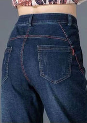 Taillierte Marineblaue Taschen mit hoher Taille Einfarbige Jeanshose aus Baumwolle Herbst