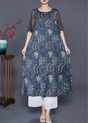 Fitted Navy O-Neck Patchwork Print Silk Dresses Cloak Sleeves