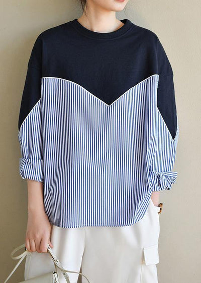 Fitted Navy Patchwork Striped Long sleeve Spring Blouses - SooLinen