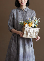 Fitted Navy Peter Pan Collar Cinched Plaid Linen Dresses Half Sleeve