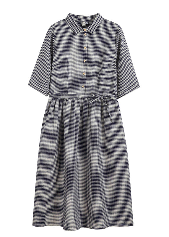 Fitted Navy Peter Pan Collar Cinched Plaid Linen Dresses Half Sleeve