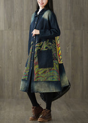 Fitted Navy Peter Pan Collar Pockets Print Denim Trench Spring