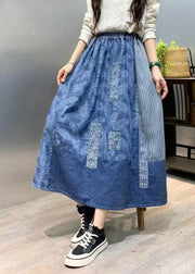 Fitted Navy Print Patchwork Elastic Waist Maxi Skirt Summer