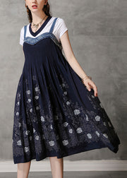 Fitted Navy Spaghetti Strap print Patchwork Strapless Long Dress Summer